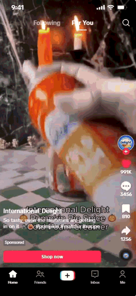 International Delight shoppable TikTok ad with Shop now checkout